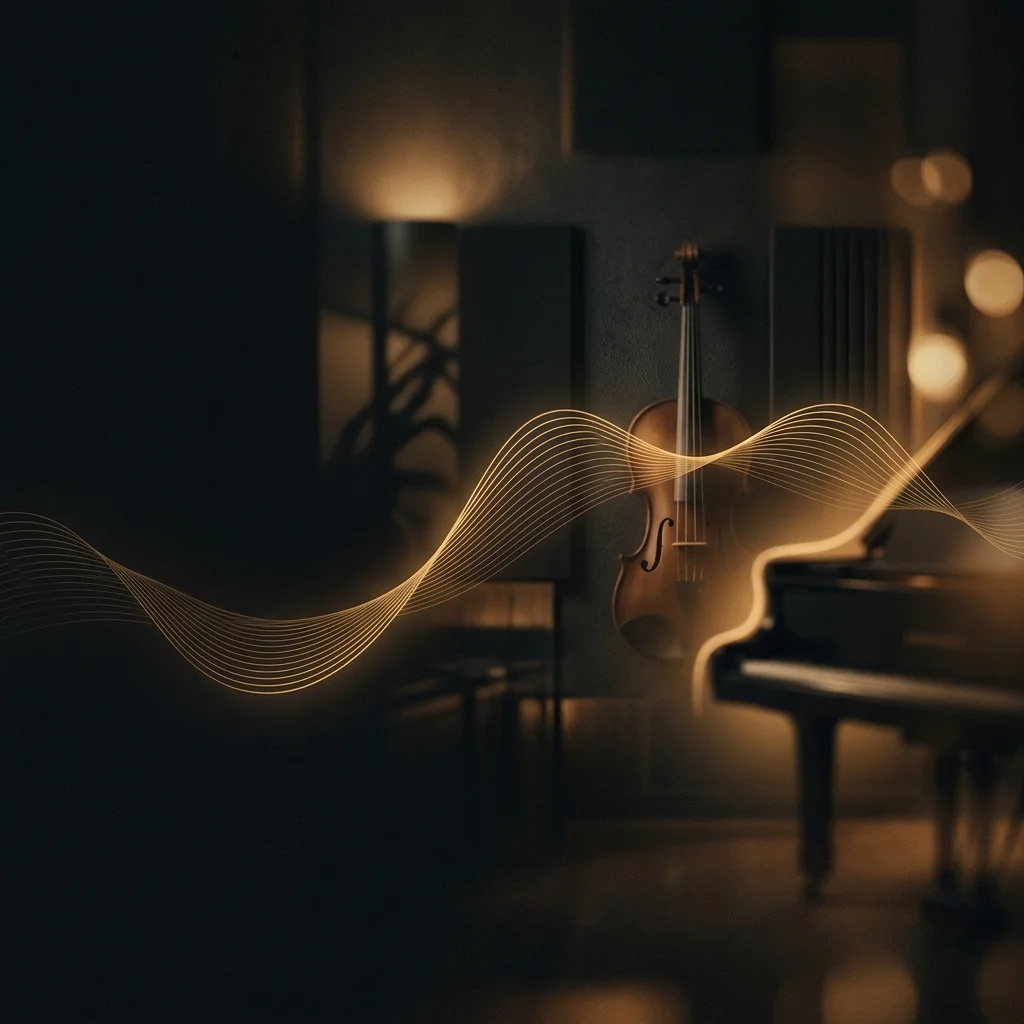 Keman ve piyanonun yer aldığı loş bir müzik çalışma odası